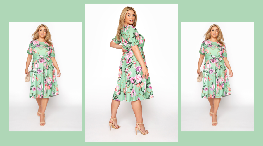 Curve Green Floral Chain Print Puff Sleeve Skater Dress