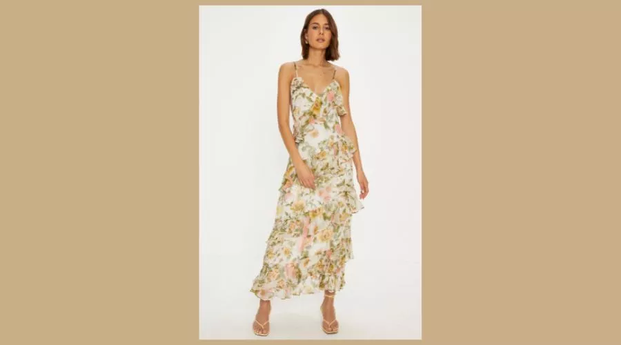 Soft Floral Asymmetric Ruffle Strappy Midi Dress